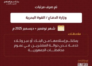 الإعلان عن صرف مرتبات وحدات عسكرية لشهري نوفمبر وديسمبر 2025